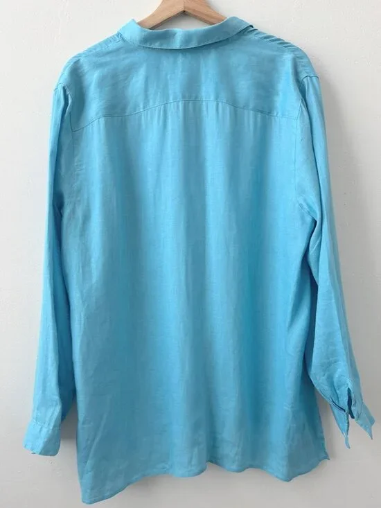 J Jill 100% Linen Button Down Shirt Blue Long Sleeve Casual XL - Picture 3 of 9